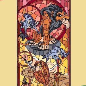 May include: A rectangular stained glass art piece featuring a dark-maned lion sitting above a lighter-maned lion, surrounded by spotted hyenas. The design uses a mosaic of red, orange, yellow, and blue glass segments with thick black outlines.