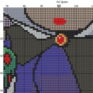 May include: A cross-stitch pattern featuring the Evil Queen from Snow White. The design uses a grid of colored squares to create the image. The queen's face and crown are visible, with the text "Evil Queen" at the top.