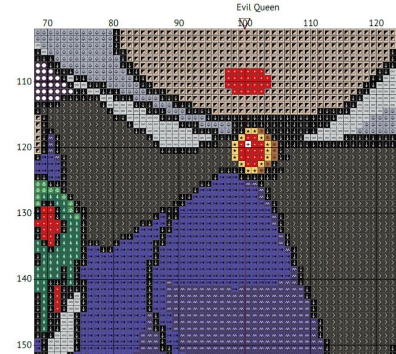 May include: A cross-stitch pattern featuring the Evil Queen from Snow White. The design uses a grid of colored squares to create the image. The queen's face and crown are visible, with the text "Evil Queen" at the top.