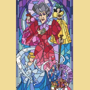 Puede incluir: Ilustración estilo vidriera con personajes de cuento de hadas. La figura central es una mujer con un vestido rojo, rodeada de otros personajes en azul y amarillo. El fondo es un mosaico de morado y azul.