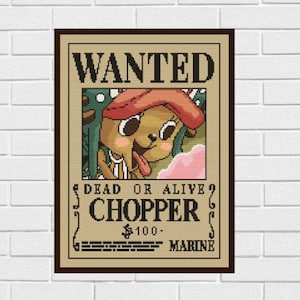 Puede incluir: Un cartel de se busca con una imagen de dibujos animados de Chopper del anime One Piece. El cartel es marrón con texto blanco que dice "WANTED", "DEAD OR ALIVE", "CHOPPER", "$100" y "MARINE".