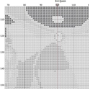 May include: A cross-stitch pattern featuring the text "Evil Queen" at the top. The design is a grid of black and white squares, forming a detailed image. The pattern includes various symbols for stitching.