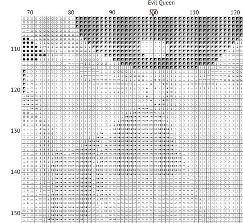 May include: A cross-stitch pattern featuring the text "Evil Queen" at the top. The design is a grid of black and white squares, forming a detailed image. The pattern includes various symbols for stitching.
