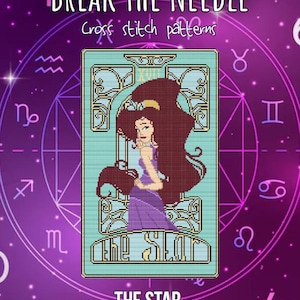Puede incluir: Patrón de punto de cruz con una ilustración estilizada de una mujer con un vestido morado, etiquetado como "THE STAR". El diseño está sobre un fondo turquesa con un borde morado y símbolos astrológicos. El texto "BREAK THE NEEDLE" y "Cross stitch patterns" están en la parte superior. Tamaño: 120 x 200.