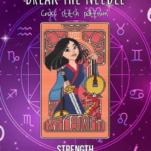 Puede incluir: Patrón de punto de cruz con una ilustración de dibujos animados de una mujer vestida de azul y rojo, sosteniendo una espada y un instrumento musical. El diseño incluye la palabra "STRENGTH" y el texto "BREAK THE NEEDLE". El tamaño es de 120 x 200.