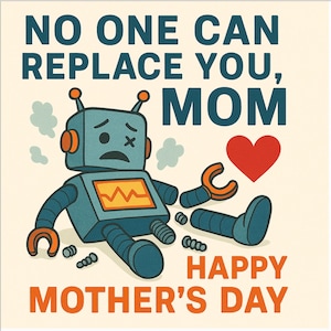 May include: A broken robot with a sad face and a red heart says "No one can replace you, Mom. Happy Mother's Day."
