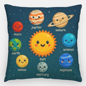 Op de afbeelding: Een blauw kussen met een cartoonillustratie van het zonnestelsel. De zon, de aarde, mars, venus, mercurius, jupiter, saturnus, uranus en neptunus worden allemaal afgebeeld met lachende gezichten. De planeten zijn gelabeld met hun namen.