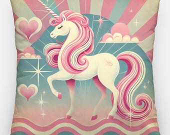 May include: A pink and white unicorn with a rainbow background and hearts. The unicorn is standing on a wave-like surface.