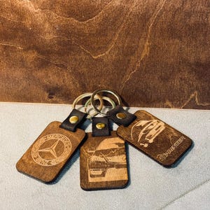 Wooden Keychains with Genuine Leather for Mercedes-Benz