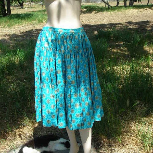 1950's turqoise/gold 3-tiered cotton full skirt - size M-L