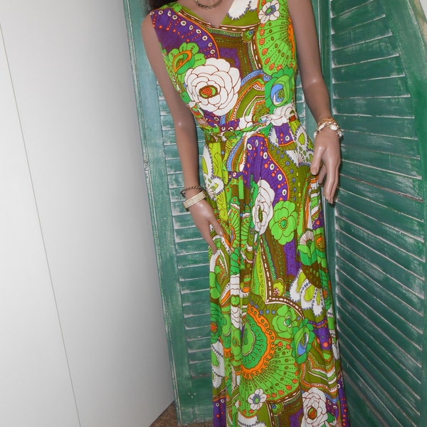 1970's Sleeveless, Psychedelic Print, Full Skirt, Tropical Maxidress - Size M