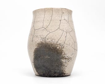 Vintage Raku Pottery Vase, Handmade Studio Ceramic Vessel, Crackle Glaze