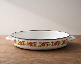 Vintage 70s Floral Enamelware Roasting Pan With Handles