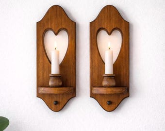 Vintage Wood Wall Sconces Pair, Heart Cutout Candle Holders, Cottage Decor
