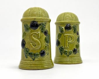 Vintage Los Angeles Potteries Grape Salt and Pepper Shakers, Olive Green Ceramic Set
