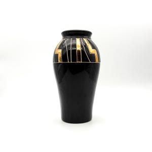 Vintage 80s Art Deco Vase - Harris Potteries &quot;Cairo&quot; - Black & Gold Ceramic Vase - Postmodern Home Decor