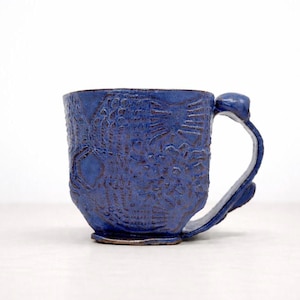 Vintage Studio Pottery Mug, Blue Textured Handmade Cup, 12 oz