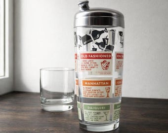 Vintage Glass Cocktail Shaker with Recipes, Mid Century Barware, 1950s Drink Mixer