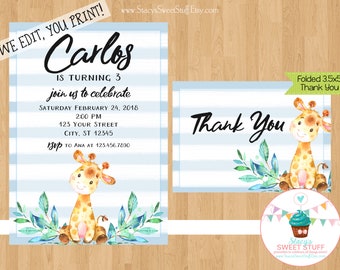 Giraffe Birthday Invitation, Giraffe Invitation, Giraffe Invite, Giraffe Party, Giraffe Birthday, Watercolor Invitation,Blue, Printable