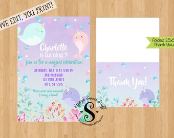 Narwhal Birthday Invitation, Printable Under the Sea Invitation