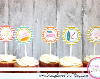 Surf Birthday Cupcake Toppers, Surfs Up Birthday, Surfer Girl Birthday, Beach Birthday, Summer Birthday, Cupcake Toppers, Cupcake Picks, DIY