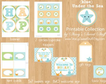 Under the Sea Birthday, Ocean Animal Birthday, Printable Party Package, Girls Under the Sea Birthday, Blue,  DIY, Printable, CHOOSE 4