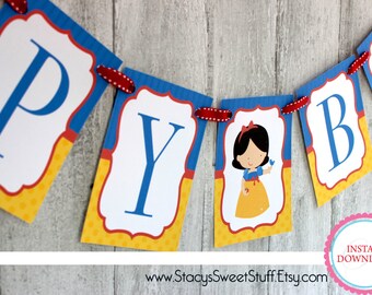 Snow White banner, Happy Birthday banner, Snow White Party, Snow White birthday banner, Snow White Printable Banner,  DIY, INSTANT DOWNLOAD