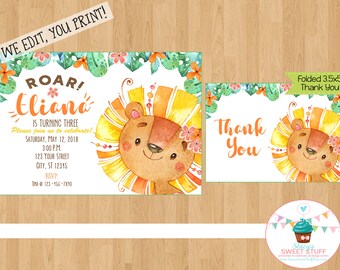 Lion Birthday Invitation for Girls, Printable Jungle Invitation