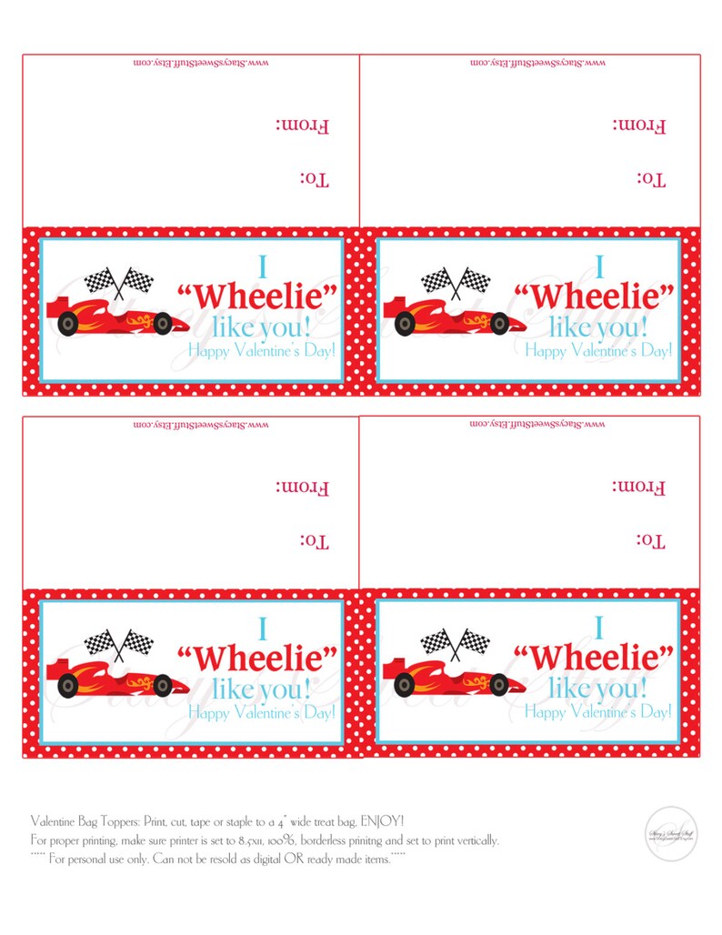 Racecar Valentine Car Valentine Printable Valentine Bag Etsy