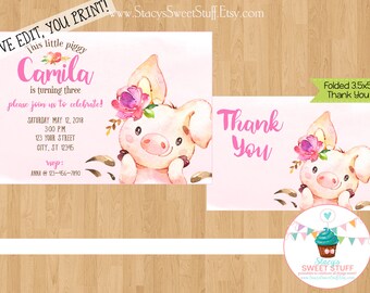 Pig Birthday Invitation in Pink, Printable, PIG1