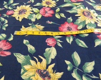 Vintage Fabric Navy Blue with Sunflowers & Burgandy Like Florals Decorator Fabric 3 Yards (453E)