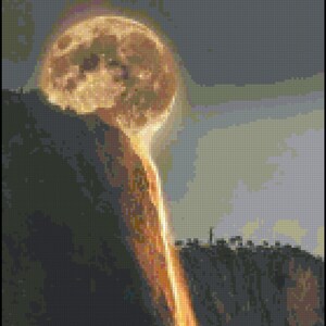 May include: A large, glowing, yellow moon rising over a dark, rocky landscape. The moon appears to be partially obscured by the rocks, creating a dramatic effect.