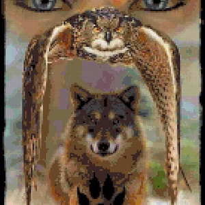 May include: A close-up of a wolf's face with an owl perched above it. The wolf's fur is brown and gray, and the owl's feathers are brown and white. The owl's eyes are bright yellow, and the wolf's eyes are dark brown. The background is a blurry image of a woman's face.