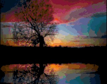 Tree Sunset Reflection Cross Stitch Pattern (Digital Download)