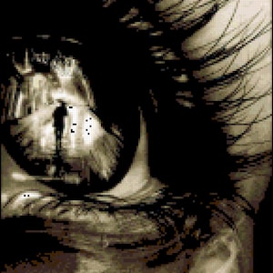 May include: A black and white digital painting of a woman with long, flowing hair. Her face is partially obscured by her hair, and she appears to be looking down. The painting has a dark and moody atmosphere.