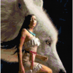 May include: A woman with long black hair is sitting with a white wolf. The woman is wearing a white and brown outfit. The wolf's head is turned to the side and its eyes are closed.