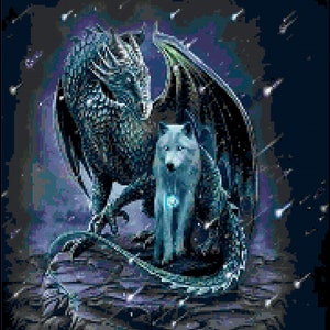 Può includere: Illustrazione digitale di un drago e un lupo. Il drago è blu scuro con dettagli verdi, ali spiegate, e il lupo è blu chiaro con dettagli luminosi. Lo sfondo è un cielo notturno blu scuro con stelle cadenti.