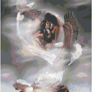 May include: A woman with long dark hair is surrounded by white fabric and two birds with brown and white feathers. The woman is wearing a black dress and has her hands clasped in front of her. The birds are in flight and their wings are spread wide.