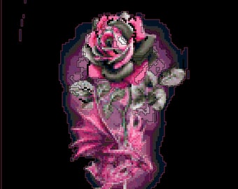 Captivating Cross Stitch Pattern: Pink Rose with Dragon [Intermediate]
