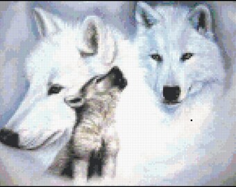 Two Snow Wolves and A Cub: Adorable Cross Stitch Pattern for Intermediate Stitchers