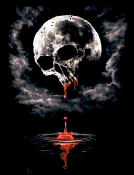 Moon Skull Cross Stitch Pattern – Full Coverage, Gothic Dark Art
