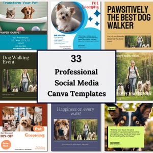 Peut inclure: Une mosaïque de neuf modèles de médias sociaux pour les promeneurs de chiens et les toiletteurs. Les modèles présentent des images de chiens, du texte et des graphiques. Le texte comprend des phrases comme "Pawsitively the Best Dog Walker", "Dog Walking Event" et "Pet Grooming".