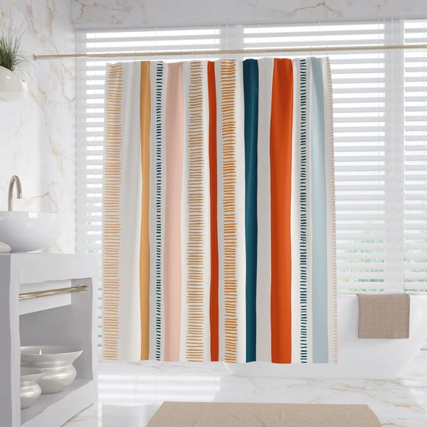 Cortina de chuveiro com linhas coloridas, 100% à prova d'água, decoração de banheiro em estilo artístico, presente de inauguração