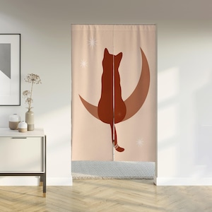 Moon cat Noren Door Curtain with Velcro/Rod pocket, Japanese Curtain for Kitchen/Bedroom/Wardrobe Window Treatments for Partition