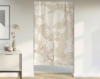 May include: A white room with a light brown wood floor. A white door with a beige and brown floral pattern is open. A white dresser with a black handle is in the corner of the room. A vase with brown dried flowers is on top of the dresser.