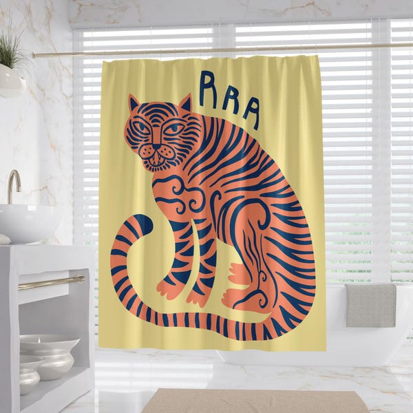 Tiger Illustration Duschvorhang, 100% Wasserfest, Art Style Badezimmer Dekor, Geschenk zur Wohnungserwärmung