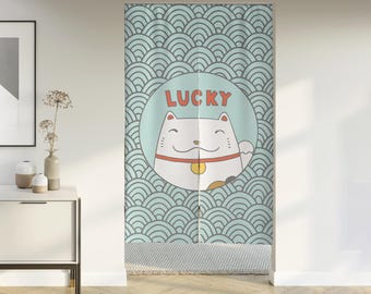 Cortina de puerta Noren con forma de gato de la suerte con velcro y bolsillo para varilla, cortina japonesa para cocina, dormitorio, armario, tratamiento de ventanas para mamparas