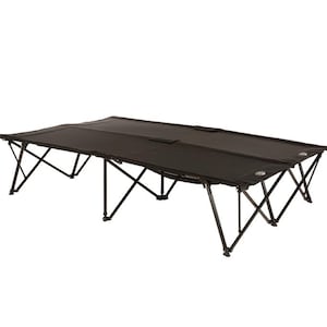 May include: A black folding camping cot with a sturdy metal frame. The cot features a dark fabric bed and is designed for outdoor use. The cot is shown against a white background.