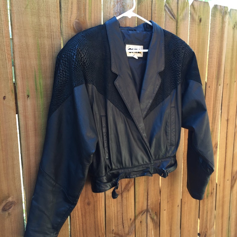 Genuine leather 80's jacket, 1980's leather bomber jacket, black leather jacket, leather jacket size large image 2