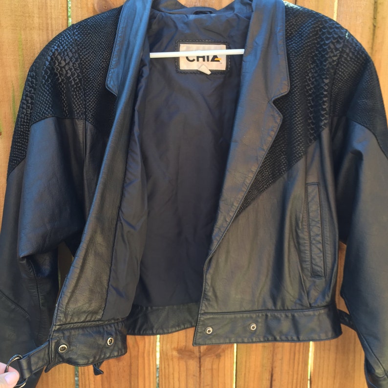 Genuine leather 80's jacket, 1980's leather bomber jacket, black leather jacket, leather jacket size large image 4